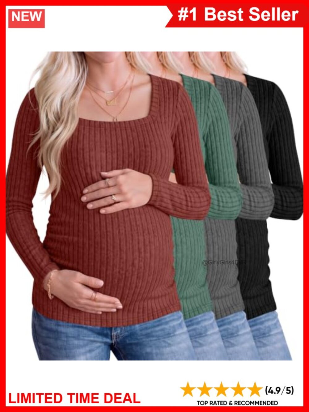 Maternity Long Sleeve Ribbed Sweater Tees 4 Pack Square Neck Fitted